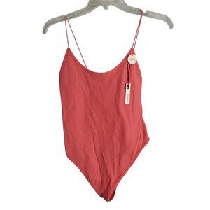 Forever 21 Size M L Bodysuit Womens Neon Coral Ribbed Snap Closure Stretch New